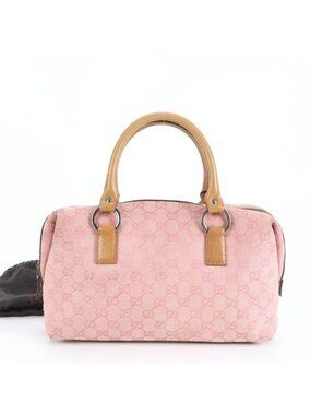 Gucci GG Sherry Pink Mini Boston Leather Handbag Tote Silver Hw Canvas